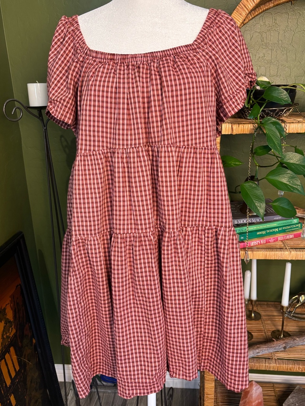 Old Navy Pink & Rust Gingham Plaid Elastic Waist Off Shoulder Tiered Dress
